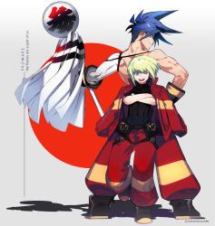Rule 34 | 2boys, :d, ;d, asymmetrical hair, blue hair, boots, from behind, full body, galo thymos, green hair, highres, holding, instanttnoodle, jacket, lio fotia, looking back, male focus, multiple boys, muscular, one eye closed, open mouth, pants, promare, purple eyes, red jacket, red pants, sidecut, smile, spiked hair, standing, standing on one leg, undercut