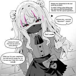 Rule 34 | 1girl, blush, double bun, english text, greyscale, hair bun, highres, little witch nobeta, long hair, long sleeves, looking at viewer, mask, monochrome, mouth mask, nobeta, official art, red eyes, ribbon, shirt, skirt, sky-freedom, speech bubble, spot color, two side up