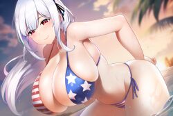 Rule 34 | 1girl, american flag bikini, armpit peek, bikini, black ribbon, blurry, blurry background, breasts, cleavage, closed mouth, cloud, cowboy shot, flag print, hair ribbon, hand on own ass, huge breasts, leaning forward, long hair, looking at viewer, original, palm tree, red eyes, ribbon, side-tie bikini bottom, skindentation, smile, solo, stomach, sunset, swimsuit, thick thighs, thighs, tree, wading, water, wet, white hair, xiaodi