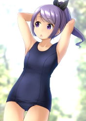 Rule 34 | 1girl, :o, armpits, arms up, bare arms, bare shoulders, black ribbon, blue one-piece swimsuit, blurry, blurry background, blush, breasts, collarbone, commentary request, day, depth of field, dutch angle, gluteal fold, hair ribbon, high ponytail, highres, long hair, looking away, looking to the side, old school swimsuit, one-piece swimsuit, original, outdoors, parted lips, ponytail, purple eyes, purple hair, ribbon, school swimsuit, shibacha, sidelocks, small breasts, solo, swimsuit
