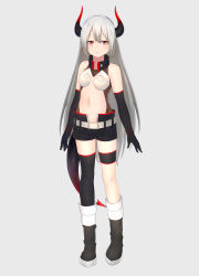 Rule 34 | 1girl, absurdres, belt, black gloves, black thighhighs, boots, breasts, collared shirt, dragon girl, dragon horns, dragon tail, elbow gloves, expressionless, gloves, grey background, hair between eyes, highres, horns, hoshimiya aki, long hair, looking at viewer, medium breasts, midriff, lava, navel, original, red eyes, shirt, shorts, silver hair, simple background, single thighhigh, sleeveless, sleeveless shirt, solo, standing, tachi-e, tail, thigh strap, thighhighs, thighs, very long hair
