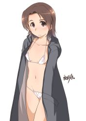 Rule 34 | 1girl, artist name, bikini, bikini under clothes, black coat, breasts, brown eyes, brown hair, closed mouth, coat, commentary request, cowboy shot, girls und panzer, hands in pockets, highres, long coat, long sleeves, looking at viewer, micro bikini, open clothes, open coat, osamada meika, parted bangs, partial commentary, sawa azusa, short hair, signature, simple background, small breasts, smile, solo, standing, swimsuit, white background, white bikini