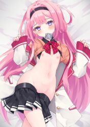 Rule 34 | 1girl, ashibe h, black skirt, blush, cardigan lift, clothes lift, condom, condom in mouth, condom wrapper, flat chest, hairband, highres, jacket, long hair, looking at viewer, lying, miniskirt, mouth hold, navel, nijisanji, nipples, on back, open clothes, open jacket, pink hair, purple eyes, shirt lift, skirt, sleeves past wrists, solo, suo sango, very long hair, virtual youtuber