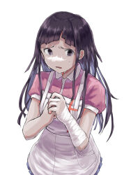 Rule 34 | 1girl, apron, bandages, black hair, collared shirt, danganronpa (series), danganronpa 2: goodbye despair, grey apron, grey background, hands up, highres, hollowgeek, long hair, mole, multicolored hair, no mole, open mouth, own hands together, pink shirt, pleated skirt, puffy short sleeves, puffy sleeves, shirt, short sleeves, simple background, skirt, solo, sweat, tsumiki mikan, two-tone hair, two-tone shirt, white shirt