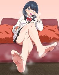 Rule 34 | 10s, 1girl, apita (apitaro), bad id, bad pixiv id, barefoot, blue eyes, blue hair, bow, bowtie, breath, candy, cardigan, couch, feet, food, gridman universe, hand in pocket, highres, legs, lollipop, long sleeves, looking at viewer, open mouth, pillow, red bow, red bowtie, short hair, sitting, smell, soles, solo, ssss.gridman, takarada rikka, toes, white cardigan