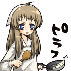 Rule 34 | 00s, 1girl, apron, bad id, bad pixiv id, blue eyes, blush, brown hair, clannad, cooking, food, frying pan, long hair, lowres, miyazawa yukine, open mouth, simple background, solo, tane, white background