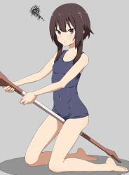 Rule 34 | 1girl, alternate costume, bandages, bare arms, bare legs, bare shoulders, barefoot, between legs, black hair, blue one-piece swimsuit, breasts, collarbone, commentary request, covered navel, grey background, holding, holding staff, kneeling, kono subarashii sekai ni shukufuku wo!, looking at viewer, megumin, one-piece swimsuit, red eyes, salpin, short hair, short hair with long locks, simple background, small breasts, solo, staff, sweatdrop, swimsuit