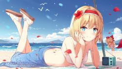 Rule 34 | 2girls, absurdres, alice margatroid, arm support, bare arms, bare shoulders, bikini, bird, blonde hair, blue eyes, blue sky, breasts, butt crack, cloud, day, feet up, floral print, flower, full body, hair flower, hair ornament, hairband, hibiscus, highres, horizon, lying, medium hair, mountainous horizon, multiple girls, ocean, on stomach, one-piece swimsuit, outdoors, petals, radio, red flower, red hairband, sandals, sarong, shanghai doll, sky, small breasts, smile, summer, swimsuit, the pose, touhou, white bikini, white one-piece swimsuit, wind, yaruwashi