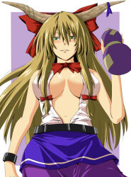 Rule 34 | 1girl, alternate breast size, alternate eye color, blonde hair, blush, bow, bowtie, breasts, breasts apart, commentary request, cowboy shot, cuffs, drunk, gourd, green eyes, hair between eyes, hair bow, horn bow, horn ornament, horns, ibuki suika, large breasts, long hair, looking at viewer, navel, open clothes, open shirt, parted lips, purple bow, purple skirt, red bow, red bowtie, shirt, shouji nigou, sidelocks, skirt, sleeveless, sleeveless shirt, smile, solo, touhou, very long hair, white shirt