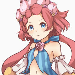 Rule 34 | 1girl, bare shoulders, blue eyes, breasts, detached sleeves, dragalia lost, flower, hair flower, hair ornament, long hair, looking at viewer, maribelle (dragalia lost), navel, parted lips, pink hair, po pooch, small breasts, solo, twintails, upper body, white background