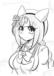 Rule 34 | 1girl, absurdres, animal ears, beret, blush, bow, braid, breasts, closed mouth, cropped torso, goma (gomasamune), hair bow, hair ornament, hat, highres, hokko tarumae (umamusume), horse ears, large breasts, long hair, looking at viewer, low twintails, monochrome, multicolored hair, school uniform, shirt, simple background, smile, spot color, star (symbol), star hair ornament, striped bow, tracen school uniform, twin braids, twintails, twitter username, two-tone hair, umamusume, upper body, very long hair, white background