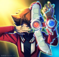 Rule 34 | 1boy, arm up, artist name, brown hair, card, commentary request, covering own mouth, duel academy uniform (yu-gi-oh! gx), duel disk, energy, glowing, hair between eyes, hand up, highres, holding, holding card, jacket, long sleeves, looking at viewer, male focus, open clothes, orange eyes, polymerization, raijin-bh, red jacket, yu-gi-oh!, yu-gi-oh! gx, yuki judai
