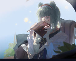 Rule 34 | 1girl, arknights, blurry, blurry foreground, book, braid, braided ponytail, bush, covering own mouth, frilled hairband, frills, green eyes, green hair, hairband, holding, holding book, istina (arknights), istina (bibliosmia) (arknights), long hair, long sleeves, looking at viewer, low ponytail, mie lu, monocle, open book, shawl, shirt, solo, upper body, white shirt