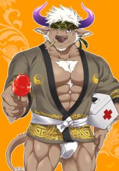 Rule 34 | 1boy, ;), abs, alternate costume, animal ears, bara, bare pectorals, bulge, camouflage, candy apple, chest hair, cow boy, cow ears, cow horns, festival, first aid kit, food, furry, furry male, headband, highres, horns, incoming food, japanese clothes, kimono, large pectorals, loincloth, male focus, muscular, nipples, no pants, one eye closed, open clothes, open kimono, pectorals, purple eyes, purple horns, shennong (housamo), short hair, sideburns, smile, solo, thick thighs, thighs, tokyo houkago summoners, white hair, yanai inaya