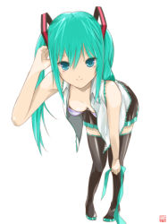 Rule 34 | 1girl, aqua eyes, boots, bra, breasts, downblouse, green hair, hatsune miku, highres, kowiru, leaning forward, looking at viewer, necktie, open clothes, open shirt, shirt, simple background, skirt, solo, thigh boots, thighhighs, twintails, underwear, unworn necktie, vocaloid, white background