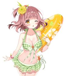 Rule 34 | 1girl, ;o, bare shoulders, bikini, blunt bangs, blush, bow, breasts, brown hair, character request, cleavage, collarbone, copyright request, female focus, flower, green bikini, green bow, green ribbon, hair flower, hair ornament, hand up, highres, holding, holding swim ring, innertube, jewelry, large breasts, looking at viewer, medium hair, nail polish, navel, one eye closed, one side up, open mouth, orange eyes, ribbon, ring, simple background, solo, stomach, swim ring, swimsuit, tatejima uri, virtual youtuber, white background, wristband