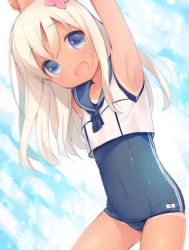 Rule 34 | 10s, 1girl, :d, armpits, arms up, bad id, bad twitter id, blonde hair, blue eyes, blush, covered navel, crop top, flower, hair flower, hair ornament, inactive account, kantai collection, long hair, one-piece swimsuit, one-piece tan, open mouth, ro-500 (kancolle), school uniform, serafuku, smile, solo, swimsuit, swimsuit under clothes, tan, tanline, tongue, usashiro mani