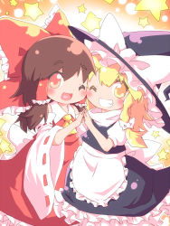 Rule 34 | 2girls, :d, ayakashi (monkeypanch), blonde hair, blush, bow, braid, brown hair, detached sleeves, female focus, grin, hair bow, hair tubes, hakurei reimu, holding hands, hat, heart, heart in mouth, japanese clothes, kirisame marisa, miko, multiple girls, open mouth, ribbon, short sleeves, smile, star (symbol), touhou, wink, witch, witch hat, yellow eyes