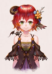 Rule 34 | 1girl, animal, animal on shoulder, clothing cutout, collarbone, creature, creature on shoulder, fantasy, flower, green eyes, hair between eyes, hair flower, hair ornament, highres, horns, looking at viewer, on shoulder, original, red hair, sho (sumika), short hair, shoulder cutout, simple background, single horn, solo, upper body, white background