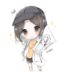 Rule 34 | 1girl, :d, ash (rainbow six siege), bad id, bad pixiv id, baseball cap, black hat, black shorts, blush, braid, brown eyes, brown hair, character name, chibi, cottontailtokki, dakimakura (object), forehead, full body, hat, head tilt, highres, hugging object, long hair, looking at viewer, open mouth, orange shirt, parted bangs, pillow, pillow hug, rainbow six siege, shirt, short shorts, short sleeves, shorts, simple background, smile, solo, sparkle, standing, very long hair, white background