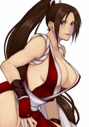 Rule 34 | 1girl, arm guards, breasts, brown eyes, brown hair, center opening, closed mouth, commentary request, fatal fury, from side, hair ribbon, high ponytail, japanese clothes, kimono, large breasts, leaning forward, light smile, long hair, looking at viewer, ninja, obi, red kimono, revealing clothes, ribbon, sash, shiranui mai, sideless kimono, simple background, snk, solo, tasuki, the king of fighters, very long hair, white background, white ribbon, white sash, yasunososaku