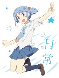 Rule 34 | 1girl, blue eyes, blue hair, blue skirt, copyright name, cube hair ornament, hair ornament, jumping, kneehighs, loafers, looking at viewer, matching hair/eyes, miniskirt, naganohara mio, necktie, nichijou, open mouth, outstretched arm, outstretched arms, pleated skirt, school uniform, shoes, short hair, short twintails, skirt, socks, solo, spread arms, star (symbol), tokisadame school uniform, twintails, v, weee (raemz)