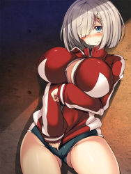 10s 1girl blue_eyes blush breasts buruma cleavage cleavage_cutout clothing_cutout covering_privates covering_crotch female_focus hair_ornament hair_over_one_eye hairclip hamakaze_(kancolle) highres jacket kantai_collection large_breasts short_hair silver_hair solo torisan track_jacket