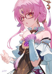 Rule 34 | 1girl, :o, arpeggio kaga, bare shoulders, bespectacled, black dress, commentary request, commission, detached sleeves, dress, earrings, facial mark, finger to mouth, fu xuan (honkai: star rail), glasses, hair ornament, hairpin, highres, honkai: star rail, honkai (series), jewelry, long hair, looking at viewer, off-shoulder dress, off shoulder, parted bangs, pink hair, pixiv commission, ponytail, rectangular eyewear, signature, simple background, solo, talisman, tassel, tassel earrings, white background, white sleeves, yellow eyes