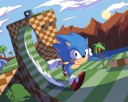 Rule 34 | 1boy, black eyes, blue sky, cloud, commentary request, dutch angle, furry, furry male, gloves, highres, looking at viewer, male focus, mountain, pencilman draws, running, sky, smile, solo, sonic (series), sonic the hedgehog, sonic the hedgehog (classic), sun, tree, white gloves