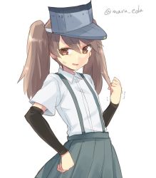 Rule 34 | 1girl, anger vein, arm warmers, asashio (kancolle), asashio (kancolle) (cosplay), brown eyes, brown hair, clenched hand, cosplay, hand on own hip, jpeg artifacts, kantai collection, maruki (punchiki), pleated skirt, ryuujou (kancolle), simple background, skirt, solo, suspenders, twintails, visor cap, white background