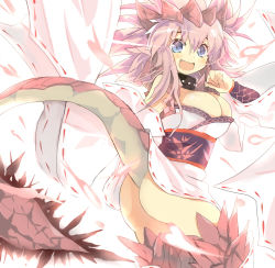 Rule 34 | 1girl, alternate color, ass, bare shoulders, blue eyes, breasts, capcom, cleavage, detached sleeves, fang, japanese clothes, large breasts, long hair, monster hunter (series), open mouth, personification, pink hair, pink rathian, rathian, solo, tail, umitsuki
