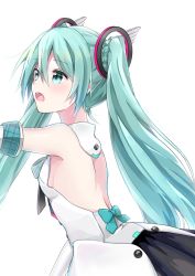 Rule 34 | 1girl, absurdres, aqua eyes, aqua hair, dress, from side, hatsune miku, highres, long hair, magical mirai (vocaloid), magical mirai miku, magical mirai miku (2017), open mouth, simple background, solo, tsukiringo, twintails, very long hair, vocaloid, white background