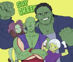 Rule 34 | 2boys, 2girls, animification, antennae, avengers (series), bald, black hair, blue shirt, bodysuit, brown shirt, cheelai, color connection, colored skin, crossed arms, dragon ball, dragon ball super, dragon ball super broly, english text, gamora, green background, green skin, guardians of the galaxy, height difference, highres, hulk, incredible hulk, long sleeves, looking at viewer, marvel, marvel cinematic universe, multiple boys, multiple girls, noppow, piccolo, pointy ears, purple bodysuit, purple eyes, purple hair, sandals, shirt, short sleeves, simple background, upper body, white hair