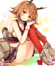 Rule 34 | 10s, 1girl, breasts, brown hair, gloves, green eyes, headgear, kantai collection, looking at viewer, multiple girls, mutsu (kancolle), personification, pleated skirt, red thighhighs, short hair, skirt, solo, thighhighs, toosaka asagi, white background