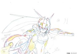 Rule 34 | 1girl, color trace, firing, gun, gundam, gundam build divers, gundam build divers re:rise, holding, holding gun, holding weapon, looking ahead, may (gundam build divers re:rise), mecha, official art, pink eyes, production art, robot, solo, traditional media, weapon