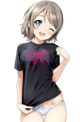 Rule 34 | 1girl, ;d, alternate costume, black shirt, blue eyes, blush, bow, bow panties, brown hair, clothes pull, clothes writing, copyright name, cowboy shot, head tilt, highres, looking at viewer, love live!, love live! sunshine!!, lowleg, lowleg panties, no pants, one eye closed, open mouth, panties, print shirt, round teeth, sankuro (agoitei), shirt, shirt tug, short hair, short sleeves, simple background, skindentation, smile, solo, star (symbol), swept bangs, t-shirt, teeth, thigh gap, underwear, upper body, upper teeth only, watanabe you, white background, white bow, white panties