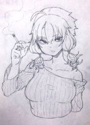 Rule 34 | 1girl, alternate breast size, alternate costume, arm at side, bags under eyes, between fingers, breasts, cigarette, collarbone, commentary request, cropped torso, graphite (medium), greyscale, half-closed eyes, hand up, highres, holding, holding cigarette, long sleeves, looking at viewer, medium breasts, monochrome, off shoulder, open mouth, ribbed shirt, shirt, short hair with long locks, simple background, single bare shoulder, smoke trail, solo, toriniku29, traditional media, upper body, vocaloid, voiceroid, yuzuki yukari