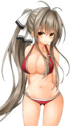 Rule 34 | 10s, 1girl, amagi brilliant park, antenna hair, arms behind back, bikini, blush, bow, breasts, brown eyes, brown hair, cleavage, collarbone, frown, hair bow, highres, large breasts, long hair, looking at viewer, mizushina minato, navel, o-ring, o-ring bottom, o-ring top, ponytail, red bikini, sento isuzu, simple background, skindentation, solo, swimsuit, white background