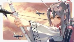 Rule 34 | 1girl, absurdres, aircraft, arrow (projectile), border, bow (weapon), brown eyes, closed mouth, hachimaki, hair between eyes, headband, high ponytail, highres, holding, holding bow (weapon), holding weapon, horohoro5151, japanese clothes, kantai collection, kimono, light brown hair, long hair, long sleeves, muneate, solo, weapon, white border, white kimono, wide sleeves, yumi (bow), zuihou (kancolle)