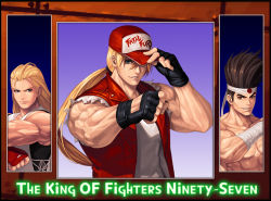 Rule 34 | 3boys, abs, adjusting clothes, adjusting headwear, andy bogard, arm up, bandaged arm, bandages, baseball cap, biceps, black gloves, blonde hair, blue eyes, brothers, brown eyes, brown hair, clenched hand, closed mouth, collarbone, commentary request, copyright name, evilgun, fatal fury, fingerless gloves, fingernails, fist bump, gloves, grin, hachimaki, hair between eyes, hat, headband, joe higashi, long hair, looking at viewer, male focus, multiple boys, muscular, muscular male, pectorals, ponytail, red gloves, red headwear, red vest, shirt, siblings, sleeveless, sleeveless shirt, smile, teeth, terry bogard, the king of fighters, the king of fighters &#039;97, topless male, upper body, veins, very long hair, vest, white shirt