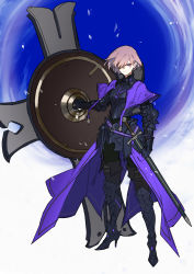 Rule 34 | 1girl, armor, black armor, cape, closed mouth, commentary request, fate/grand order, fate (series), full body, hair over one eye, highres, holding, holding shield, holding weapon, knight, korean commentary, looking at viewer, mash kyrielight, pink hair, purple cape, purple eyes, sheath, sheathed, shield, short hair, solo, sword, weapon, yarr