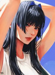 Rule 34 | 1girl, arms behind head, arms up, artist name, black hair, blue eyes, blue hair, colored inner hair, dated, film grain, hair intakes, hair over shoulder, highres, hololive, hololive english, lens flare, lips, long hair, looking at viewer, multicolored hair, ouro kronii, ouro kronii (casual), parted lips, shirt, sleeveless, sleeveless shirt, solo, steb, teeth, two-tone hair, virtual youtuber, white shirt