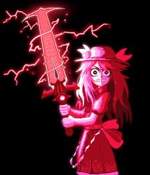Rule 34 | 1girl, angry, bare arms, black background, clenched teeth, crossover, crucible (doom), doom (series), doom eternal, energy sword, food, formicid, fruit, hat, hinanawi tenshi, holding, holding sword, holding weapon, jaggy lines, leaf, long hair, looking at viewer, medium skirt, oekaki, peach, puffy short sleeves, puffy sleeves, shirt, short sleeves, simple background, skirt, solo, sword, teeth, touhou, two-handed, v-shaped eyebrows, weapon