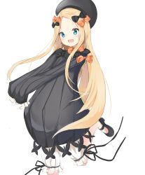 Rule 34 | 1girl, :d, abigail williams (fate), absurdres, black bow, black dress, black footwear, black hat, blonde hair, bloomers, blue eyes, blush, bow, bug, butterfly, commentary request, dress, fate/grand order, fate (series), forehead, hair bow, hat, head tilt, highres, insect, long hair, long sleeves, looking at viewer, mary janes, open mouth, orange bow, parted bangs, shoes, simple background, sleeves past fingers, sleeves past wrists, smile, solo, standing, standing on one leg, underwear, very long hair, white background, white bloomers, yukaa