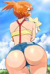 Rule 34 | 1girl, absurdres, ass, ass focus, asymmetrical hair, back, backboob, bare arms, bare shoulders, blue sky, breasts, cameltoe, cloud, creatures (company), crop top, cutoffs, day, denim, denim shorts, from behind, game freak, gen 2 pokemon, green eyes, highres, holding, holding pokemon, huge ass, krabbytheartist, midriff, misty (pokemon), nature, nintendo, no bra, orange hair, outdoors, pokemon, pokemon (anime), pokemon (classic anime), pokemon (creature), ponytail, red suspenders, revision, shirt, short hair, short shorts, shorts, side ponytail, sky, sleeveless, solo, strapless, suspender shorts, suspenders, tank top, thick thighs, thigh gap, thighs, togepi, tube top, wide hips, yellow shirt, yellow tank top