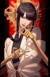 1girl 50x48x48 black_eyes black_hair bleach clippers extra_arms highres holding holding_needle japanese_clothes kimono long_hair mechanical_arms needle parted_lips sewing_needle shutara_senjumaru sideways_glance smile solo thread