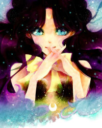 Rule 34 | 1990s (style), 1girl, bishoujo senshi sailor moon, black hair, blue eyes, bow, crescent, crescent facial mark, crescent moon, crescent necklace, dolcexxx, facial mark, forehead mark, jewelry, light smile, luna (sailor moon), luna (sailor moon) (human), moon, necklace, own hands clasped, own hands together, personification, retro artstyle, solo, star (symbol), yellow bow