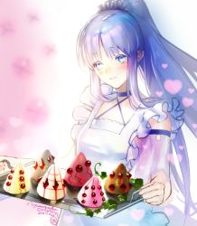 Rule 34 | 1girl, apron, blue eyes, blue hair, blush, choker, dated, fate/grand order, fate (series), food, halterneck, heart, highres, long hair, medea (lily) (fate), pastry, pointy ears, ponytail, signature, solo, tray, very long hair, wavy mouth, yamanaka kotetsu