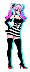 Rule 34 | 1girl, absurdres, artist request, black eyes, breasts, character name, cleavage, dress, drill hair, elbow gloves, eyes visible through hair, full body, gloves, hand on own hip, highres, long hair, looking at viewer, medium breasts, one piece, perona, pink hair, shiny skin, striped clothes, striped dress, striped thighhighs, thighhighs, transparent background, twintails, very long hair, wide hips