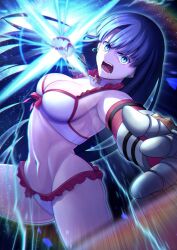 Rule 34 | 1girl, bare shoulders, bikini, blue eyes, breasts, choker, cleavage, collarbone, cross, cross choker, earrings, elbow gloves, fate/grand order, fate (series), gauntlets, gloves, highres, hisato nago, jewelry, large breasts, long hair, looking at viewer, martha (fate), martha (swimsuit ruler) (fate), martha (swimsuit ruler) (third ascension) (fate), md5 mismatch, navel, open mouth, punching, purple hair, red gloves, resolution mismatch, source larger, swimsuit, thigh strap, thighs, white bikini